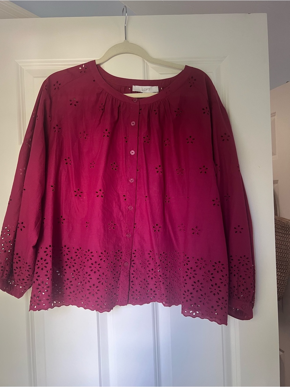 LOFT Women's Eyelet Button-Front Blouse - Berry